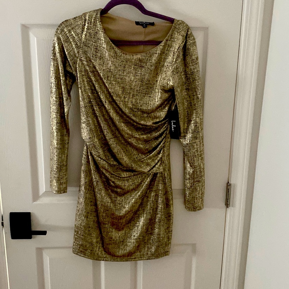 Gold gathered dress.